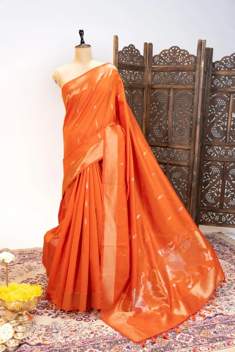 Bright Orange Kanchipuram Handloom Bridal Silk Saree